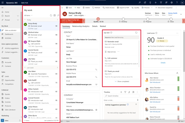 Screenshot showing the intelligent work list and ‘up next’ widget in Dynamics 365 Sales.