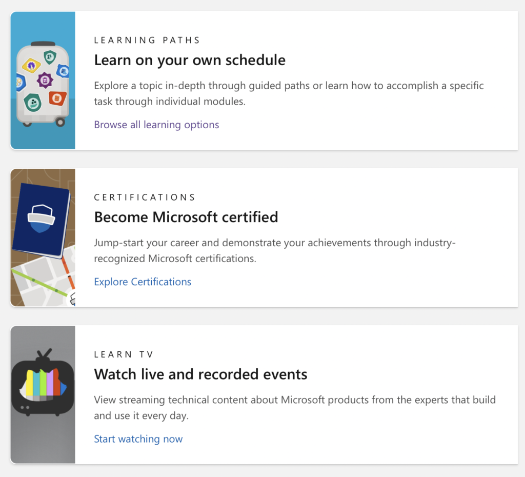 Image showing example of Learning Paths, Certification, and Learn TV
